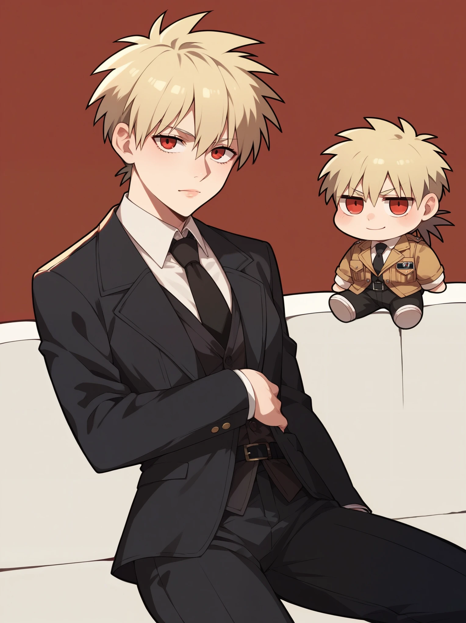 score_9, score_8_up, score_7_up, source_anime, solo, 1girl, hellsing, formal, suit, black jacket, black necktie, long sleeves, black pants, fumo \(doll\), chibi, sitting