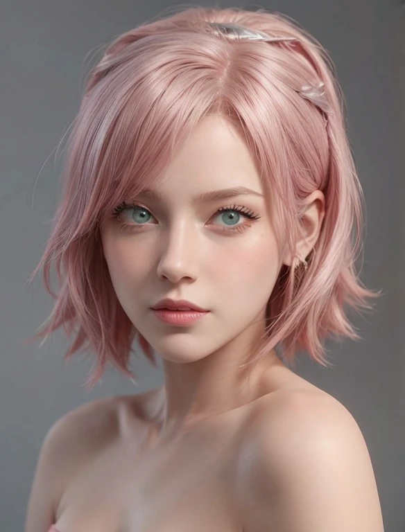 young woman, short shoulder-length pink hair, wide forehead, porcelain skin, pink eyebrows, big emerald green eyes, buttoned nose, full lips, heart-shaped face, slender body, small breasts, red tank top, Sakura Haruno , realistic, realism, details, 3d, well detailed