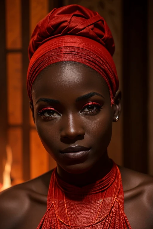 UNE HEROINE PEAU NOIRE AFRICAINE PORTANT UN COSTUME SLIM SANS CAP NOIRE, TACHETE ROUGE ,PORTANT UN MASQUE, DES YEUX ROUGES, EN COLERE, FAISANT SORTIR DU FEU DE SES MAINS DANS UNE MAISON INACHEVEE