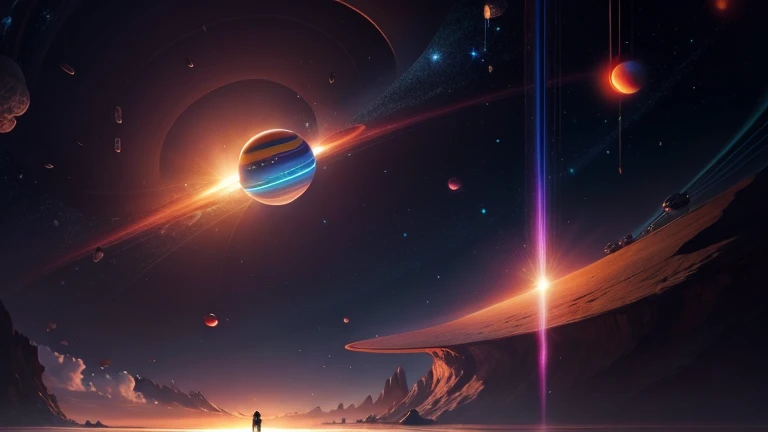 Man standing on the beach looking at the planets in the sky, planet behind, floating near the planet, 4K HD illustration wallpaper, 8k hd wallpaper digital art, fantasy space, space color, planets and stars, Another planet, Space Scene, space art, beautiful space, space sky, space art concept, digital artwork 4k, 4K high-definition digital art
