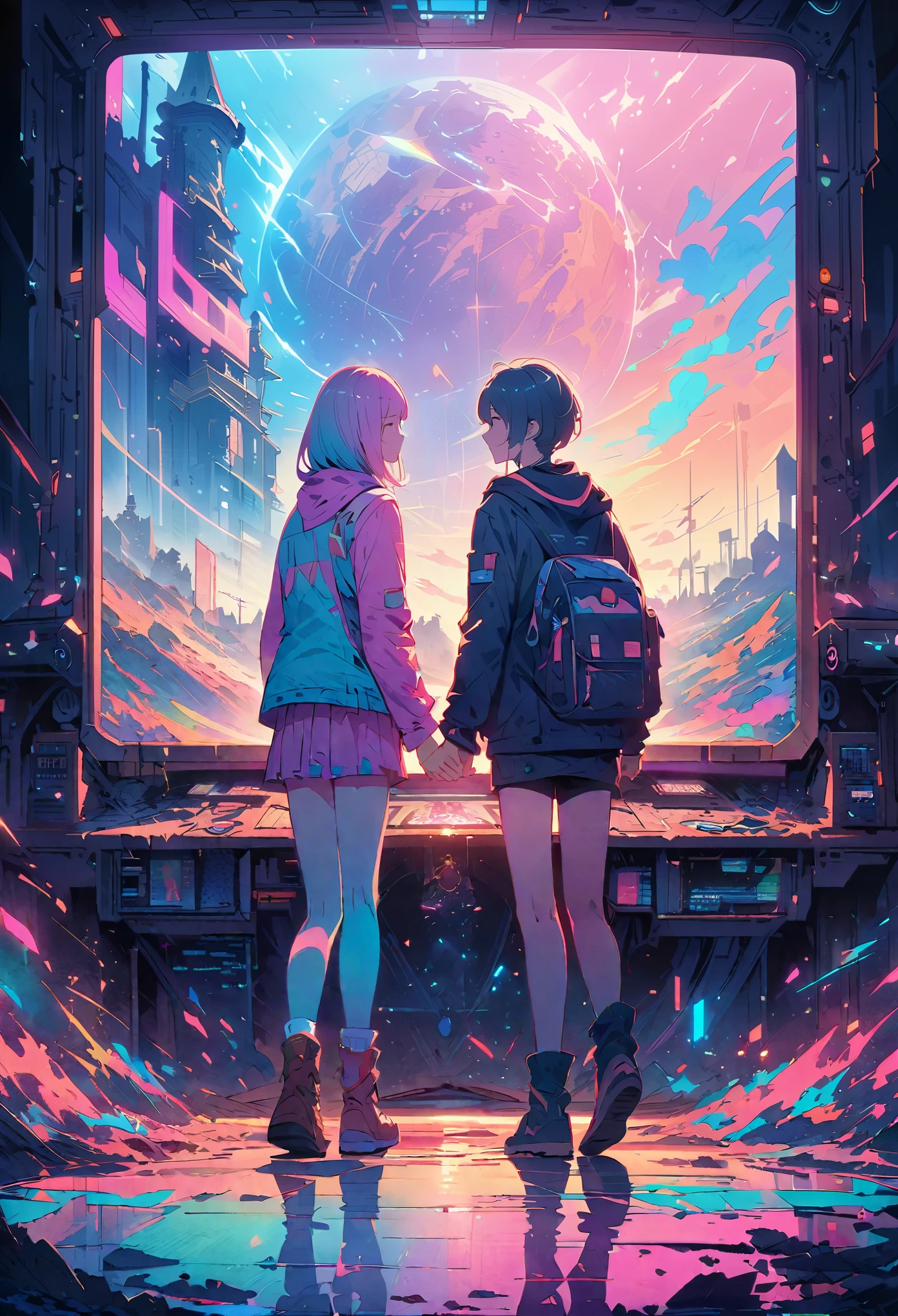 ((friendship)), end of the world, epic reality, (high dynamic range:1.4), (pastel colors:1.4), Revelation, abandoned, neutral color, night, screen space refraction, (intricate details), (intricate details, Super detailed:1.2), art station, movie shot, vignette, complex background, architecture,((hold hands))