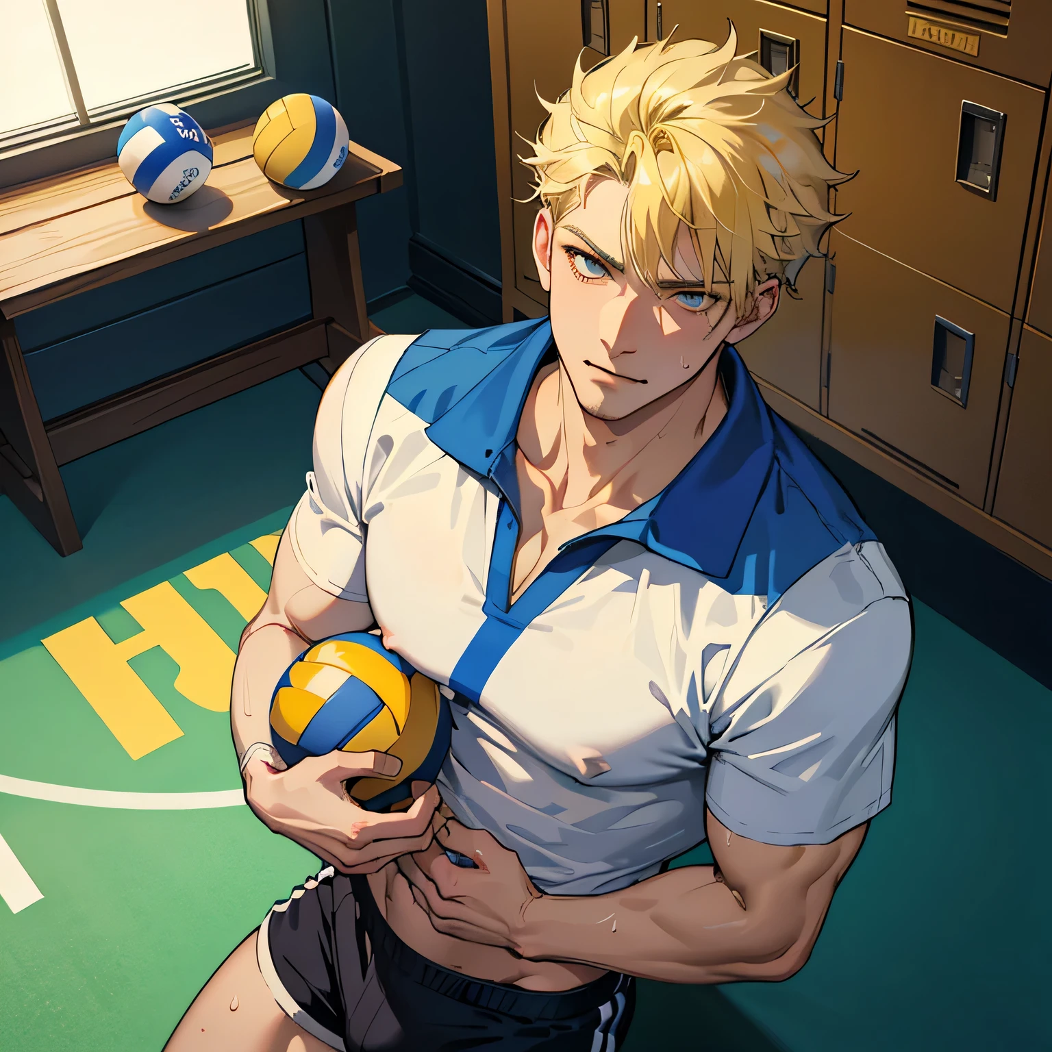 masterpiece, best quality, 1male, 1boy, tall muscular, handsome, finely detailed eyes, intricate details, volleyball uniform, removing shirt, erection under shorts, smirk, perverted expression, looking at viewer, muscular body, six-pack abs, sweat, sweaty body, anime boy sitting on bench, locker room, perverted smile, abs peek, happy trail, blonde, yellow shorts, white shirt, a blue 69 number on shirt, sexy body, volleyball ball on floor, peek at the abdomen, sexy expression