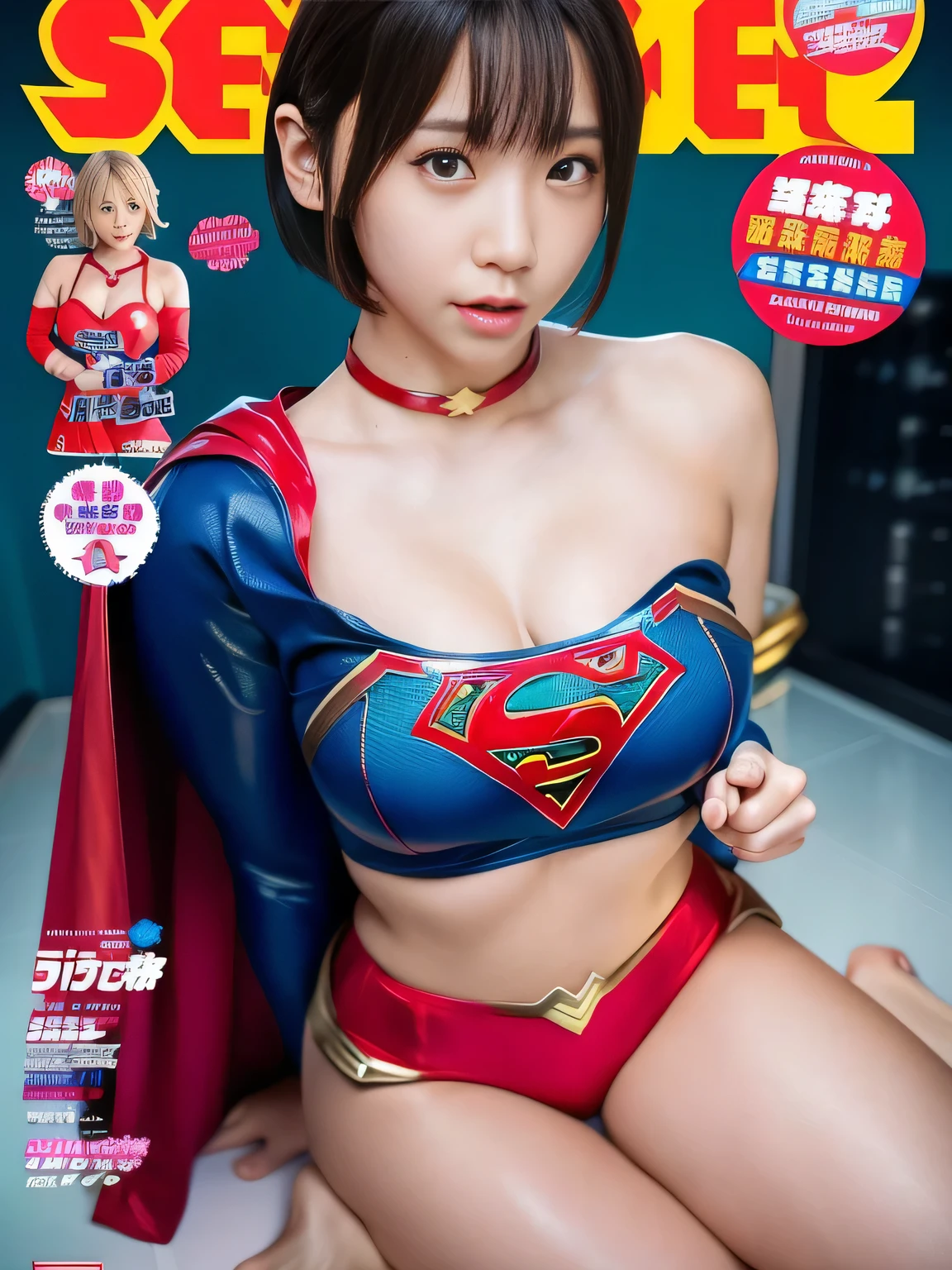 masterpiece、supergirl costume、short hair、barefoot、big and full breasts、operating room、operating table、straddle、corrupted、shiny、look at the camera、Seduce、choker、red mini skirt、long sleeve、Weekly magazine cover、sweaty、