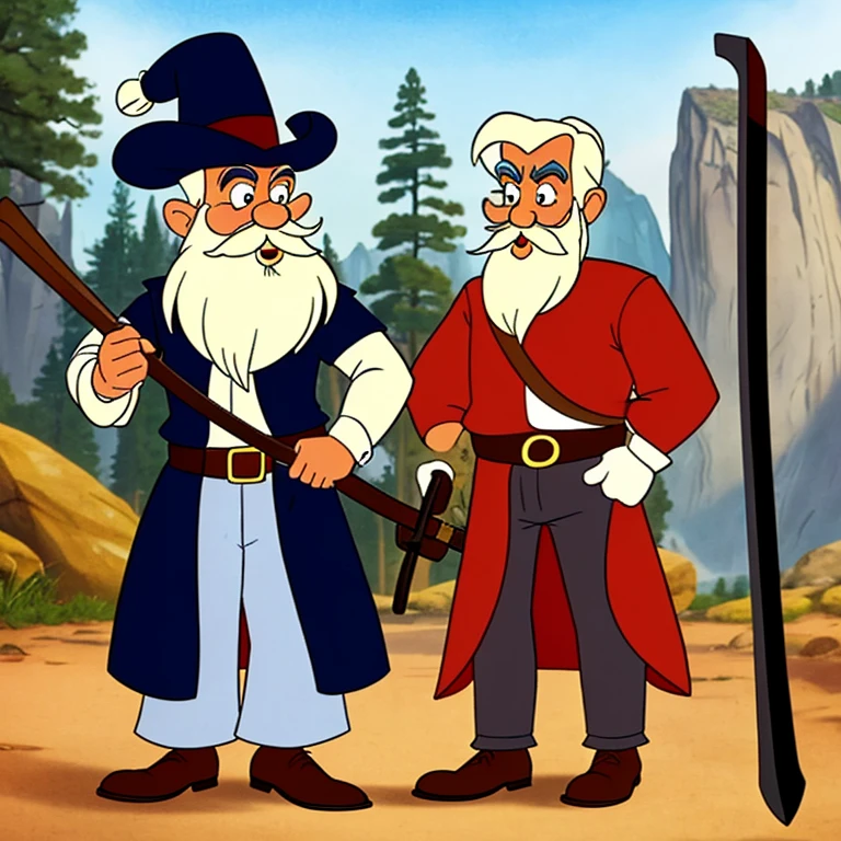 cartoon of old bearded man with cane and sword, style of yosemite sam