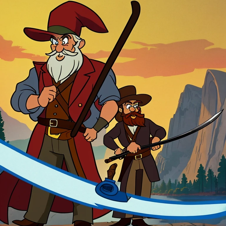 cartoon of old bearded man with cane and sword, style of yosemite sam