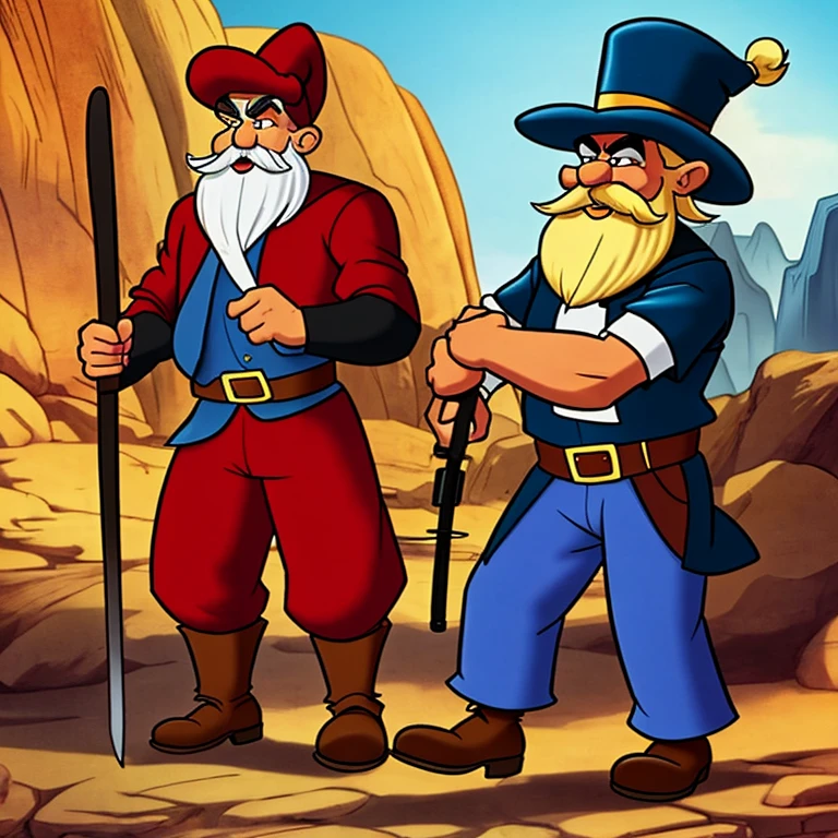 cartoon of old bearded man with cane and sword, style of yosemite sam