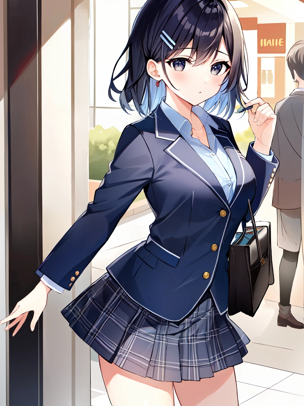 (masterpiece, best quality, illustrations), 1girl, medium breasts, (black eyes, navy blue hair, medium hair, hairclips), collarbone, (blazers, blue shirt, plaid skirt), mall, multiple girls, multiple boys, standing