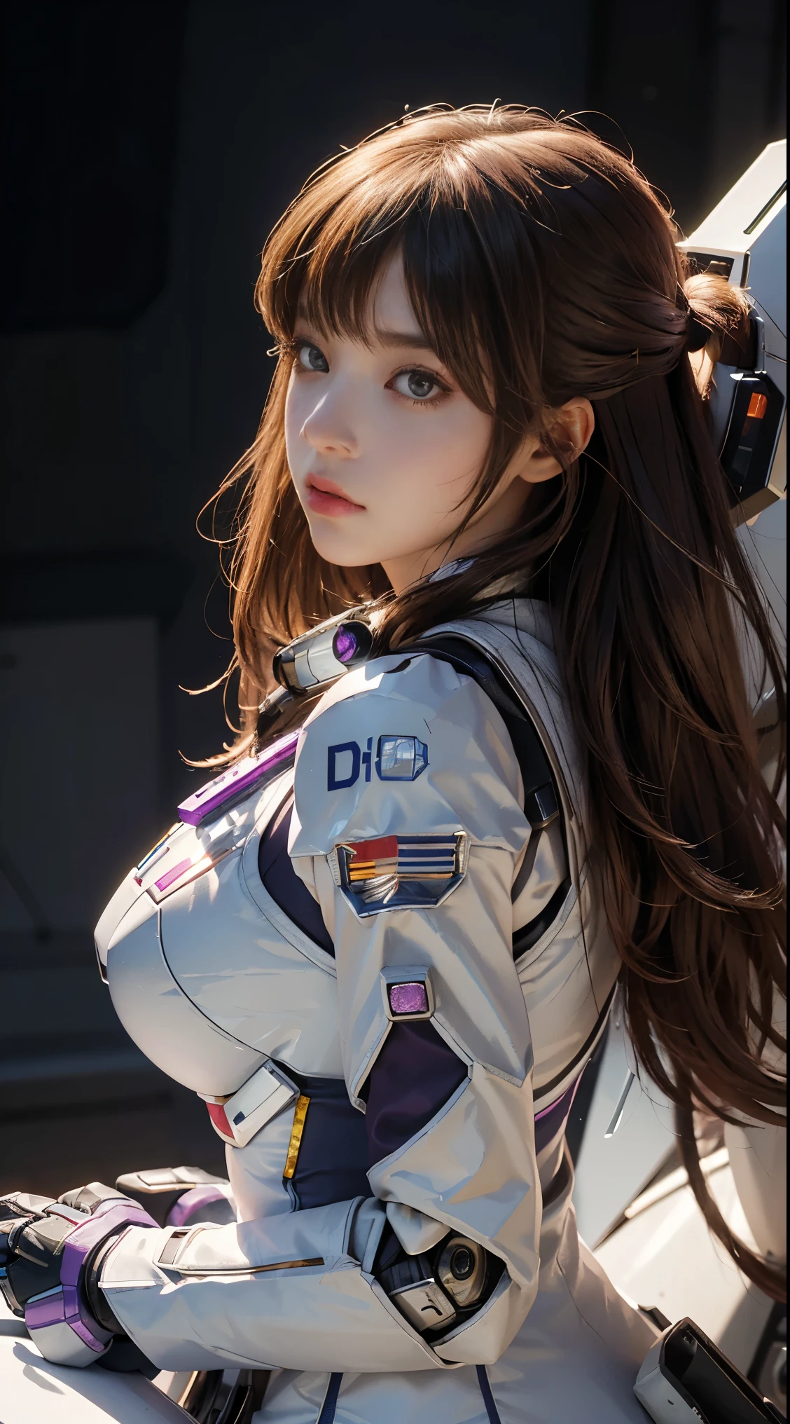 RAW, Masterpiece, Ultra Fine Photo,, Best Quality, Ultra High Resolution, Photorealistic, Sunlight, Full Body Portrait, Stunningly Beautiful,, Dynamic Poses, Delicate Face, Vibrant Eyes, (Side View) a close up of a woman in a pink and white gundam custume, dybamic pose, long brown very very long hair rapunzel, girl in mecha cyber armor, portrait armored astronaut girl, d. va from overwatch, female mecha, on a gundam, gundam head, chiho aoshima color scheme, mobile suit, streamlined purple armor, fully robotic!! girl, realistic cosplay, gundam armor (dynamic pose) (best cameraview), full body