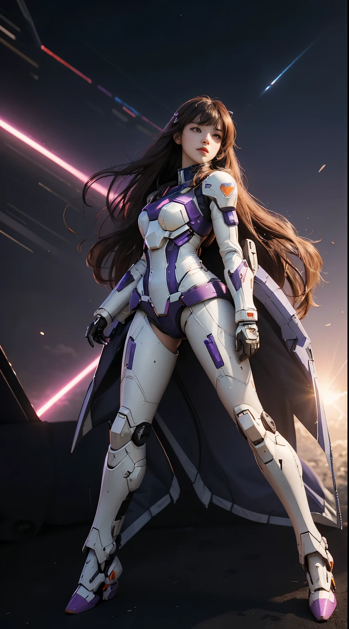RAW, Masterpiece, Ultra Fine Photo,, Best Quality, Ultra High Resolution, Photorealistic, Sunlight, Full Body Portrait, Stunningly Beautiful,, Dynamic Poses, Delicate Face, Vibrant Eyes, (Side View) a close up of a woman in a pink and white gundam custume, dybamic pose, long brown very very long hair rapunzel, girl in mecha cyber armor, portrait armored astronaut girl, d. va from overwatch, female mecha, on a gundam, gundam head, chiho aoshima color scheme, mobile suit, streamlined purple armor, fully robotic!! girl, realistic cosplay, gundam armor (dynamic pose) (best cameraview), full body