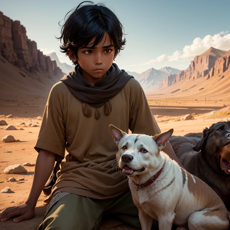 A melancholic Peruvian Indian boy, with sun-kissed skin and expressive eyes, sits next to a deceased dog. The dog, once vibrant and full of life, now lies still, its coat matted and its breaths silent. The scene takes place amidst the rugged terrain of the Peruvian landscape, with the sun setting in the background, casting long shadows over the boy and his loyal companion. The air is heavy with sadness and the silence is broken only by the barely audible sounds of nature.