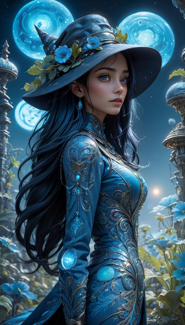 Images of a fascinated witch encountering alien life forms, Illumination of bioluminescent plants, The content is very detailed, Surreal, 10k high resolution, blue style, graffiti art, Glaslorne, Influenced by Art Nouveau, given, and future, The Art of Lunar Encryption Wow,