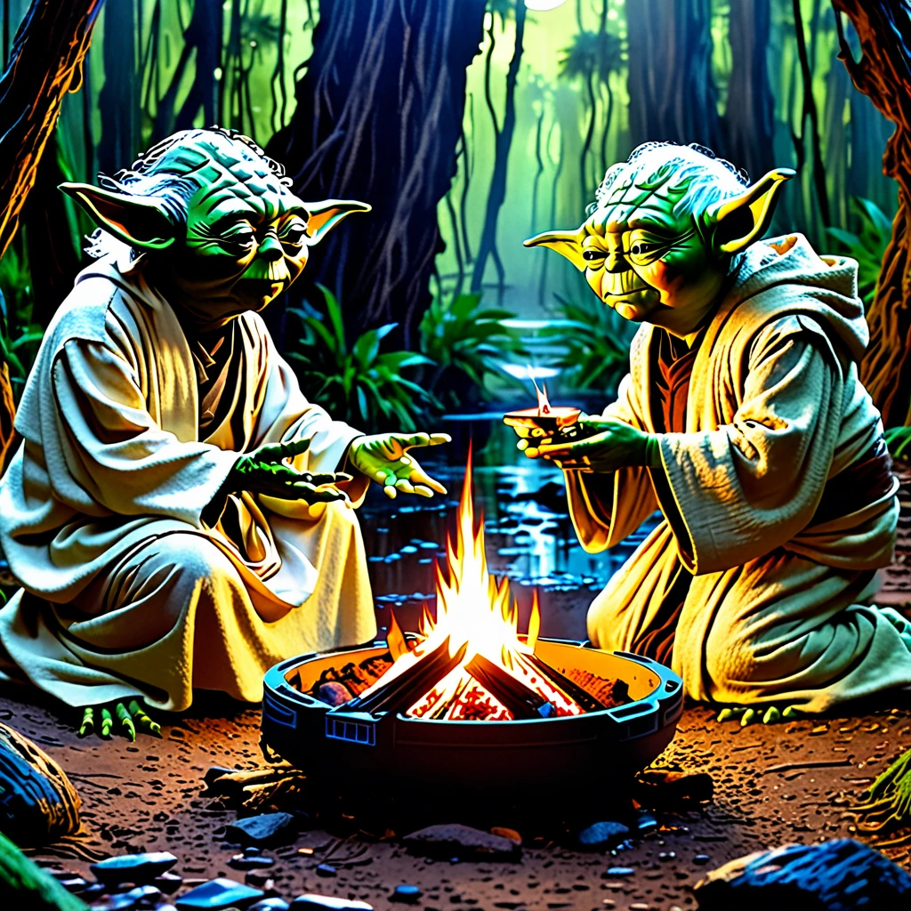 Star Wars, Yoda is telling Luke his future using (sci fi, star wars themed) Tarot Cards, setting campfire on swampy Dagobah
