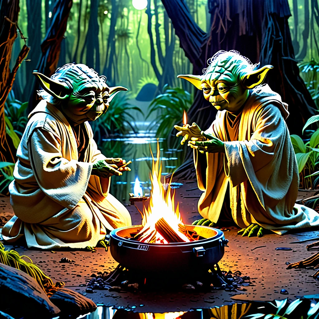 Star Wars, Yoda is telling Luke his future using (sci fi, star wars themed) Tarot Cards, setting campfire on swampy Dagobah