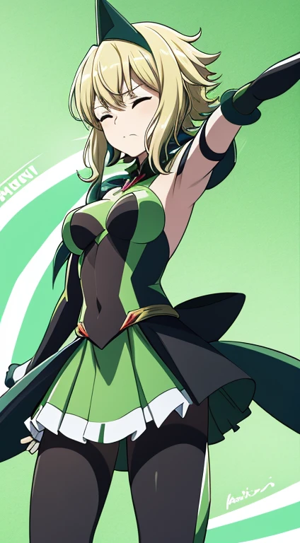 closed eyes, green transparent background, dynamic angle, flying in the center, ((masterpiece, best quality)), kirika akatsuki, aakirika, 1girl, topless, solo, young female, model, blonde hair, long wavy luminous hair, long bangs, huge breasts, g-cup breasts,full breasts, highest details, luminous eyes, x hair ornament, green eyes, ((futuristic magical girl costume)), elbow gloves, skirt, pantyhose,kirika akatsuki, short hair, x hair ornament,