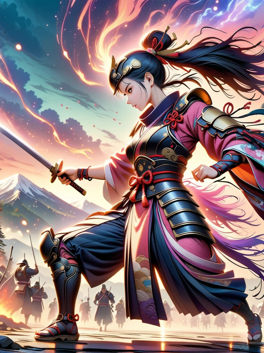 ((Japan Female Samurai),battlefield,dynamic poses,long sword,armor,burning sky,mountain background,Crazy details,intricate details,HD,8K,((anatomically correct))