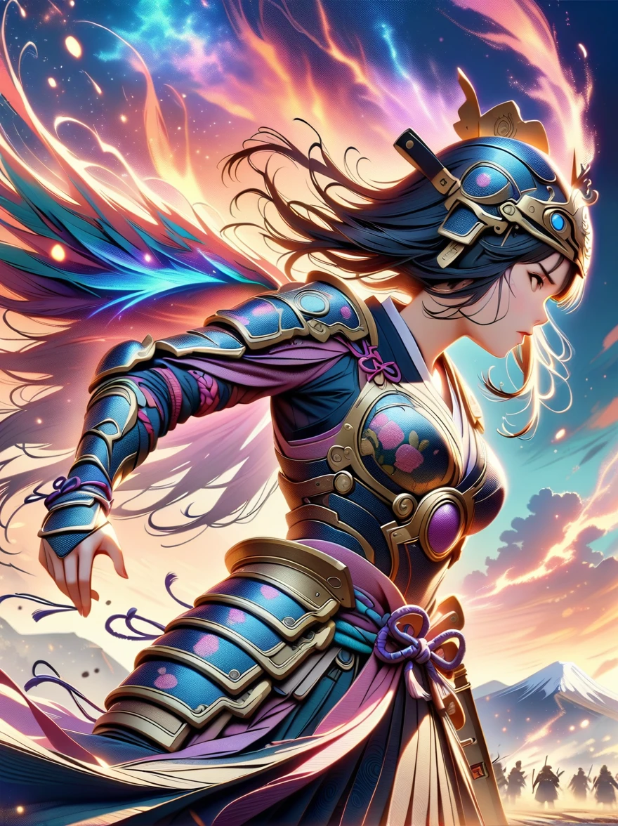 ((Japan Female Samurai)，battlefield，dynamic poses，long sword，armor，burning sky，mountain background，Crazy details，intricate details，HD，8K，((anatomically correct))