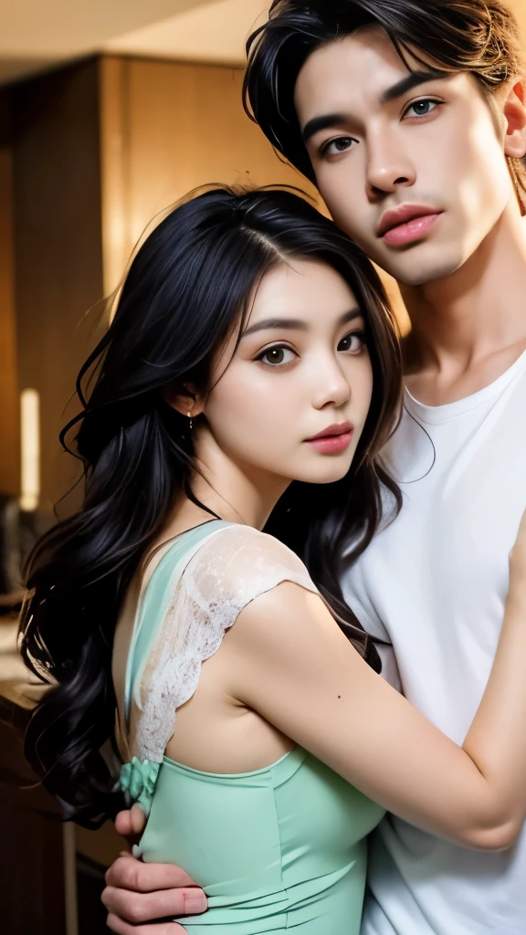 couple，1 girl，1 boy，different hair colors，long golden hair，Lace lingerie，。short black hair，wavy and（green eyes），Lace T-shirts and underwear，different heights，The eyes have details，Face，hand。they look at the audience。they hug。flowers（清晰的hand指：2.0）（clear facial features：2.0）