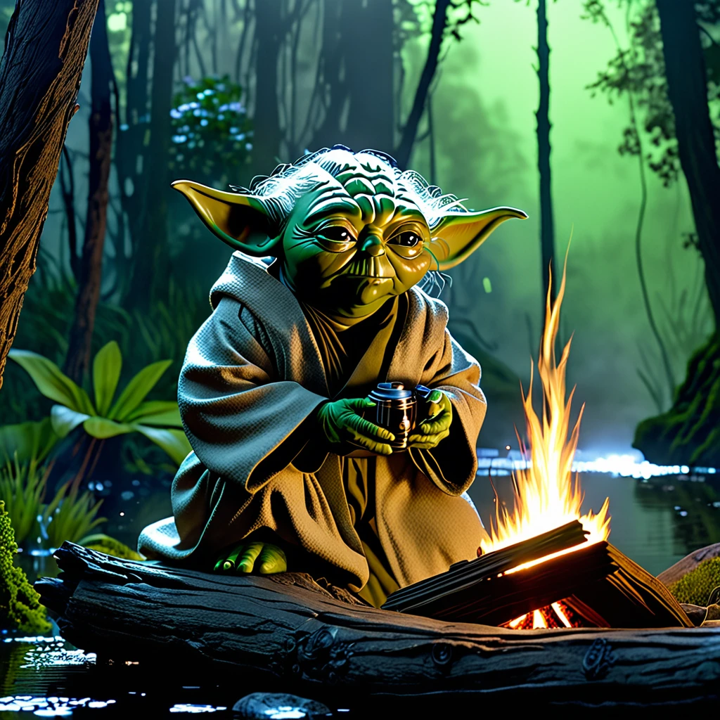 (best quality,4k,8k,highres,masterpiece:1.2),ultra-detailed,(realistic,photorealistic,photo-realistic:1.37),yoda,luke skywalker,tarot cards,campfire,swampy dagobah,star wars,sci-fi,light saber,force,intense green color,smoke,ancient,wise,galaxy,night sky,reflection,spiritual,moonlit,foggy,serene,otherworldly,deep connection,future,destiny,reveal,secret,clarity,illumination