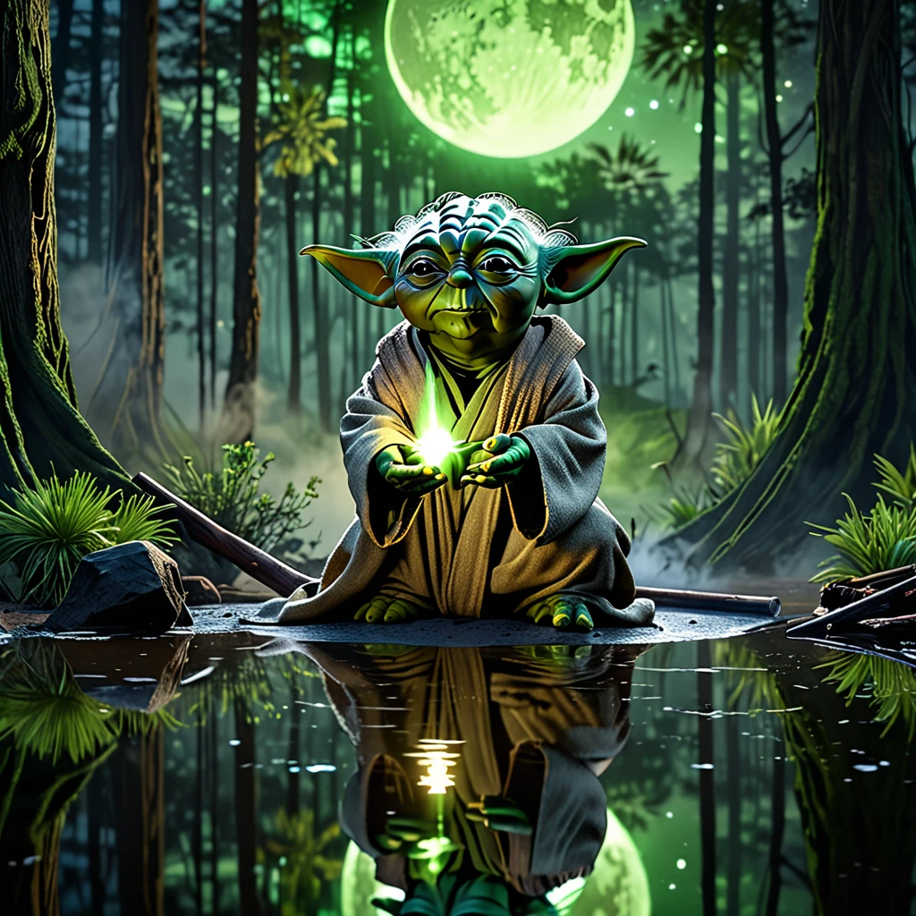 (best quality,4k,8k,highres,masterpiece:1.2),ultra-detailed,(realistic,photorealistic,photo-realistic:1.37),yoda,luke skywalker,tarot cards,campfire,swampy dagobah,star wars,sci-fi,light saber,force,intense green color,smoke,ancient,wise,galaxy,night sky,reflection,spiritual,moonlit,foggy,serene,otherworldly,deep connection,future,destiny,reveal,secret,clarity,illumination
