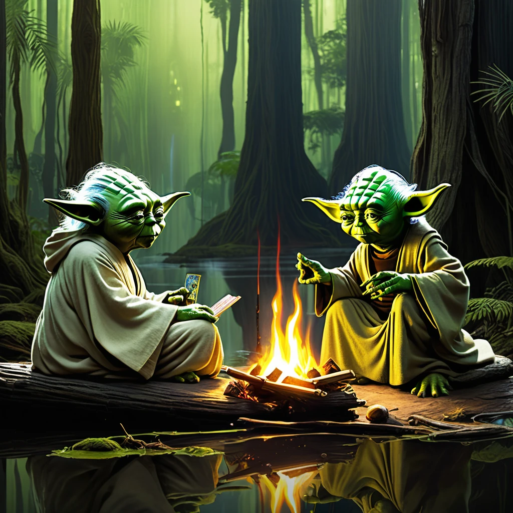 Star Wars, Yoda is telling Luke his future using (sci fi, star wars themed) Tarot Cards, setting campfire on swampy Dagobah