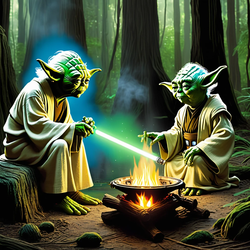 Star Wars, Yoda is telling Luke his future using (sci fi, star wars themed) Tarot Cards, setting campfire on swampy Dagobah