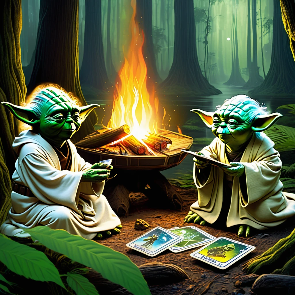 Star Wars, Yoda is telling Luke his future using (sci fi, star wars themed) Tarot Cards, setting campfire on swampy Dagobah