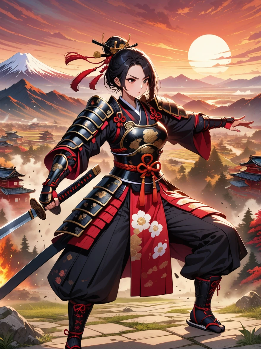 ((Japan Female Samurai),battlefield,dynamic poses,long sword,armor,burning sky,mountain background,Crazy details,intricate details,HD,8K,((anatomically correct))