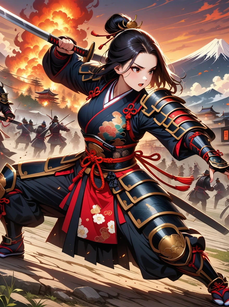 ((Japan Female Samurai)，battlefield，dynamic poses，long sword，armor，burning sky，mountain background，Crazy details，intricate details，HD，8K，((anatomically correct))