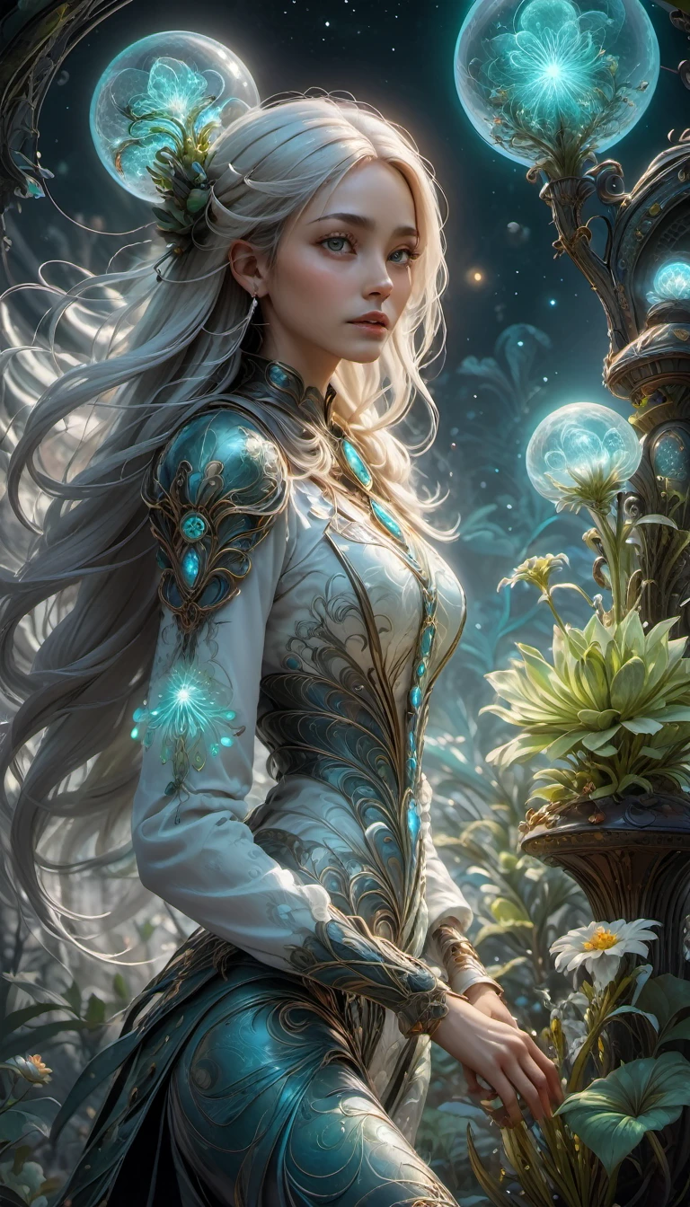 Images of a fascinated witch encountering alien life forms, Illumination of bioluminescent plants, The content is very detailed, Surreal, 10k high resolution, White style, graffiti art, Glaslorne, Influenced by Art Nouveau, given, and future, The Art of Lunar Encryption Wow,