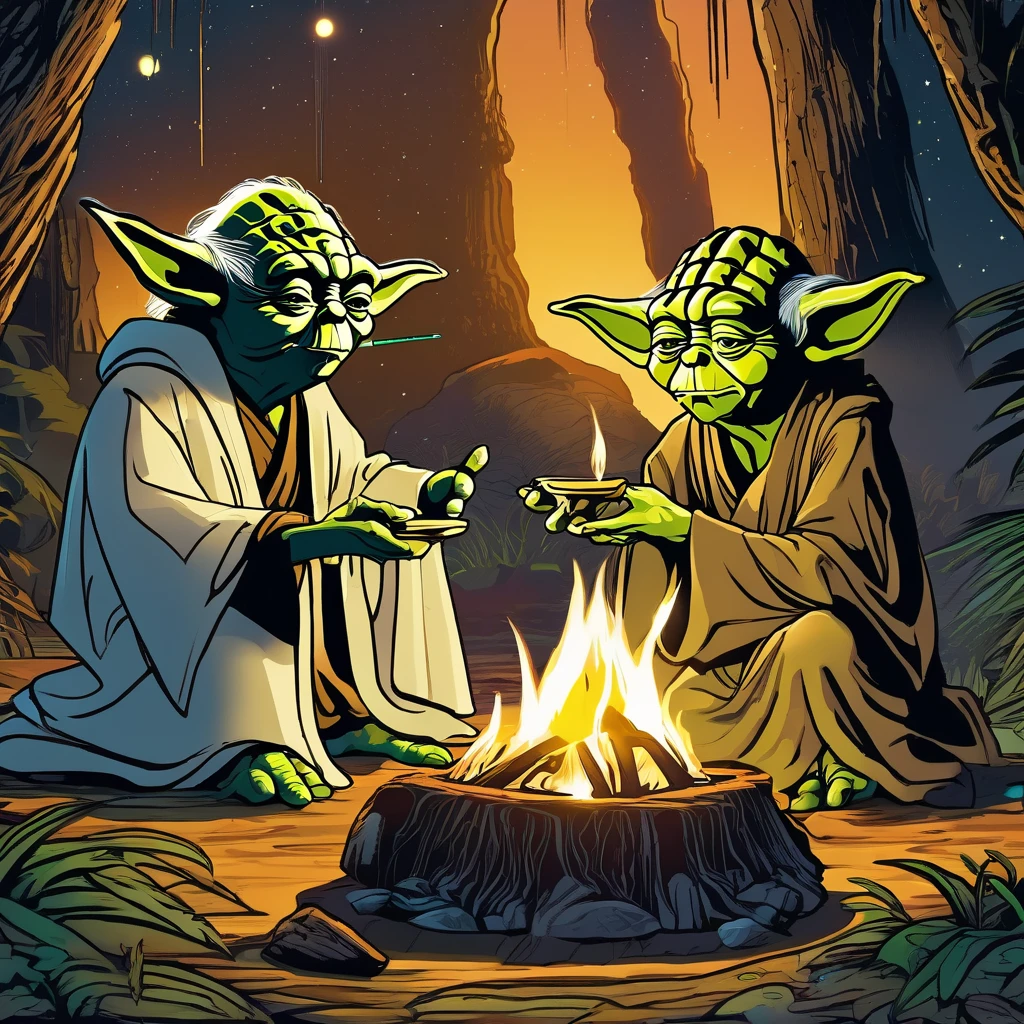 Star Wars, Yoda is telling Luke his future using (sci fi, star wars themed) Tarot Cards, setting campfire on swampy Dagobah