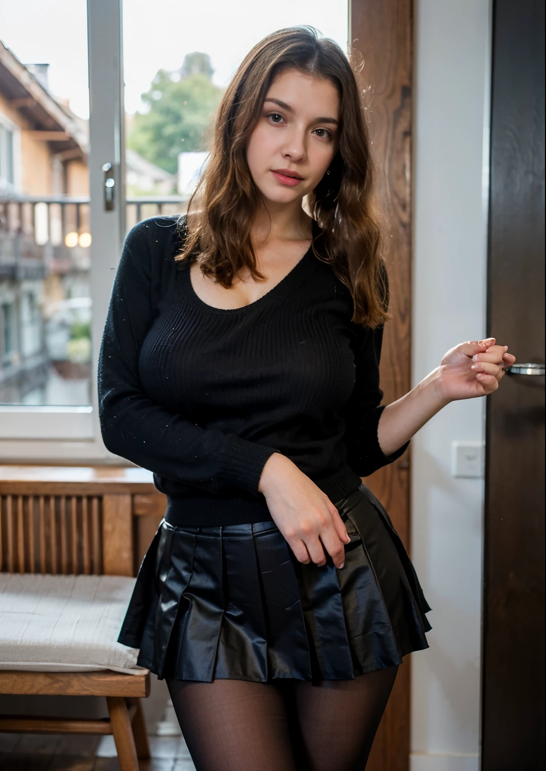 Best quality, masterpiece, ultra high res, raw photo, beautiful and aesthetic,deep shadow, dark theme,(photorealistic:1.4),
(1girl,pantyhose, pleated skirt, woolen sweater),makeup, beautiful succubus, clean shaved, (Derevschikova:1.5), yum, beautiful alluring , perfect nose, ultra beautiful, with her long, perfect beautiful, deep shafts, realistic , epic beautiful, big breasts, 8k, fuji xt3, teasing, sap, cherub, keyhole, teasing, not cropped, premium