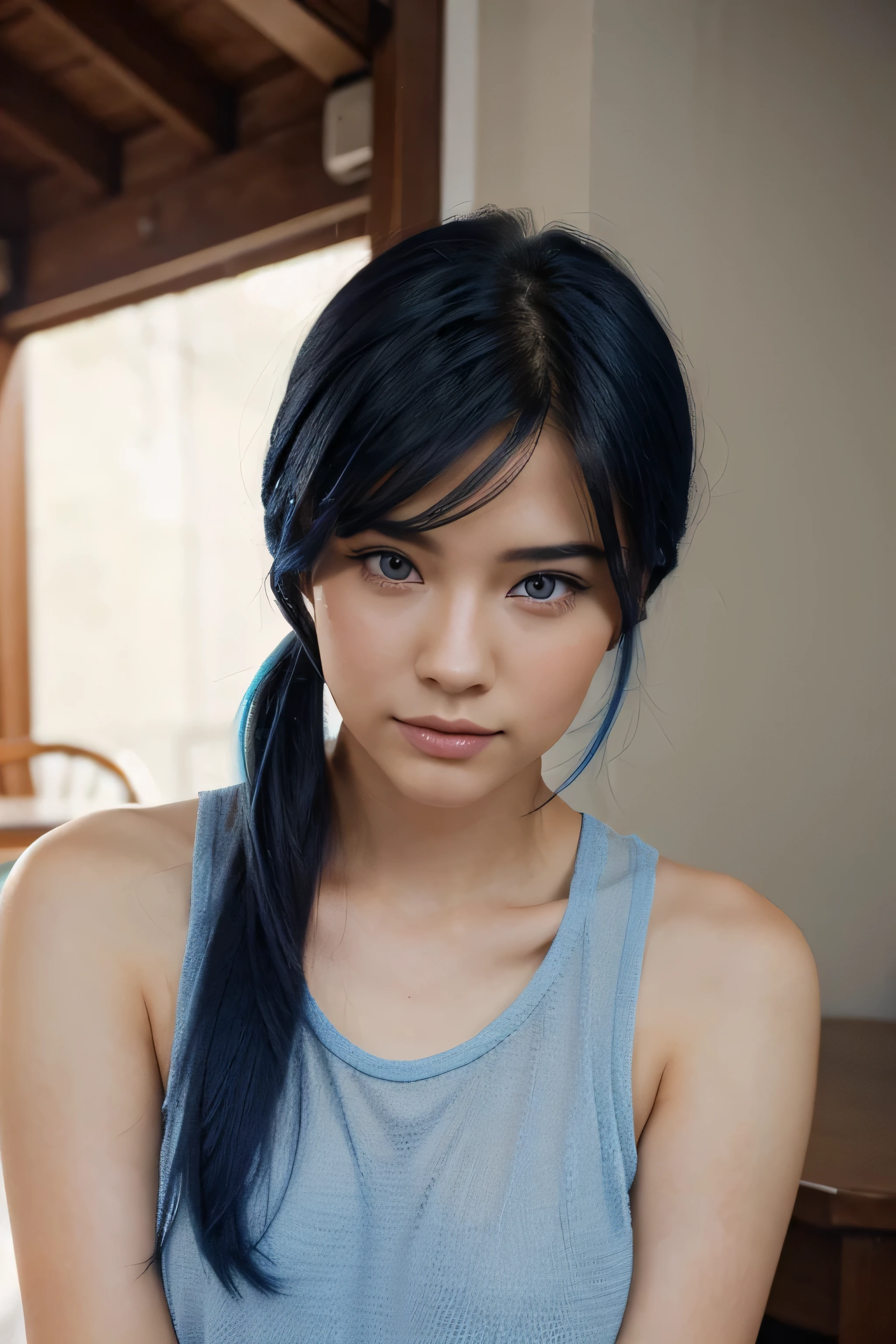 a very pretty and attractive 25 years old with blue eyes, dark blue hair, half asian, very realistic