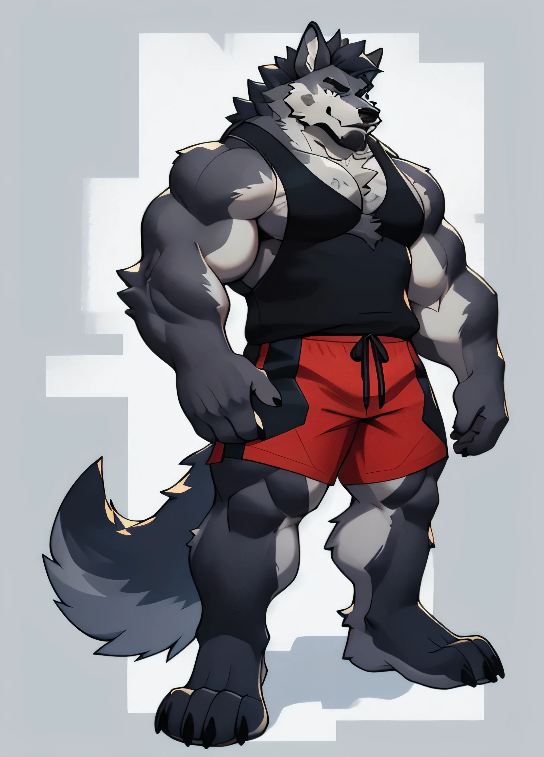 Furry, anthropomorphic wolf, light gray fur, yellow eyes, 6'5 and 208 lbs, 45" Chest, 20" shoulders, 15" Biceps, 34" waist, 24" thighs, 16" calves, 19" Back, wearing white tank top, wearing green cargo shorts, wearing brown leather boots, wearing red boxing gloves, looking in mirror, getting chest measured