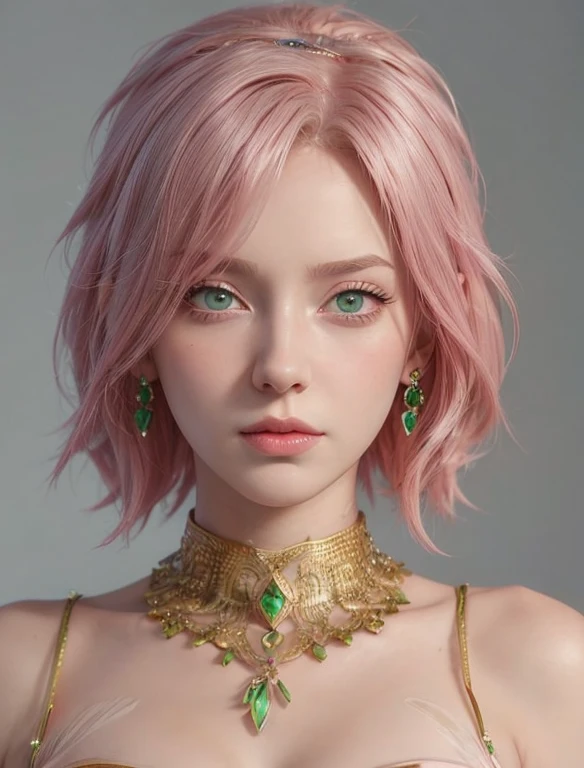 young woman, short shoulder-length pink hair, wide forehead, porcelain skin, pink eyebrows, big emerald green eyes, buttoned nose, full lips, heart-shaped face, slender body, small breasts, red tank top, Sakura Haruno , realistic, realism, details, 3d, well detailed

