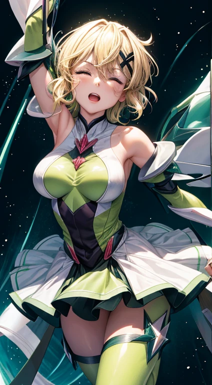 closed eyes, green transparent background, dynamic angle, flying in the center, ((masterpiece, best quality)), kirika akatsuki, aakirika, 1girl, topless, solo, young female, model, blonde hair, long wavy luminous hair, long bangs, huge breasts, g-cup breasts,full breasts, highest details, luminous eyes, x hair ornament, green eyes, ((futuristic magical girl costume)), elbow gloves, skirt, pantyhose,kirika akatsuki, short hair, x hair ornament,