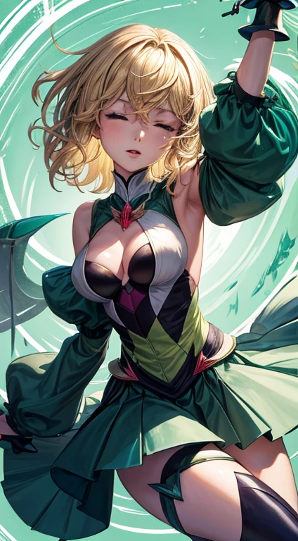 closed eyes, green transparent background, dynamic angle, flying in the center, ((masterpiece, best quality)), kirika akatsuki, aakirika, 1girl, topless, solo, young female, model, blonde hair, long wavy luminous hair, long bangs, huge breasts, g-cup breasts,full breasts, highest details, luminous eyes, x hair ornament, green eyes, ((futuristic magical girl costume)), elbow gloves, skirt, pantyhose,kirika akatsuki, short hair, x hair ornament,