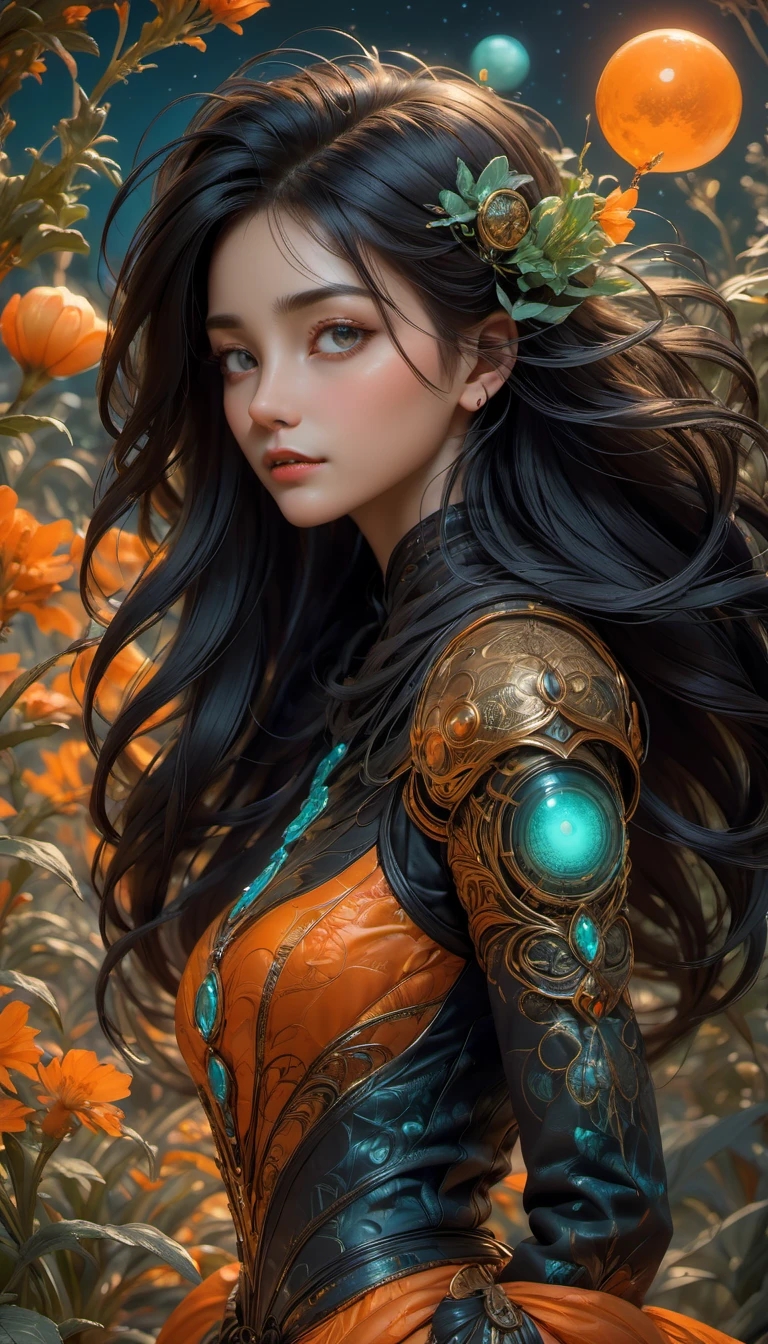Images of a fascinated witch encountering alien life forms, Illumination of bioluminescent plants, The content is very detailed, Surreal, 10k high resolution, orange style, graffiti art, Glaslorne, Influenced by Art Nouveau, given, and future, The Art of Lunar Encryption Wow,