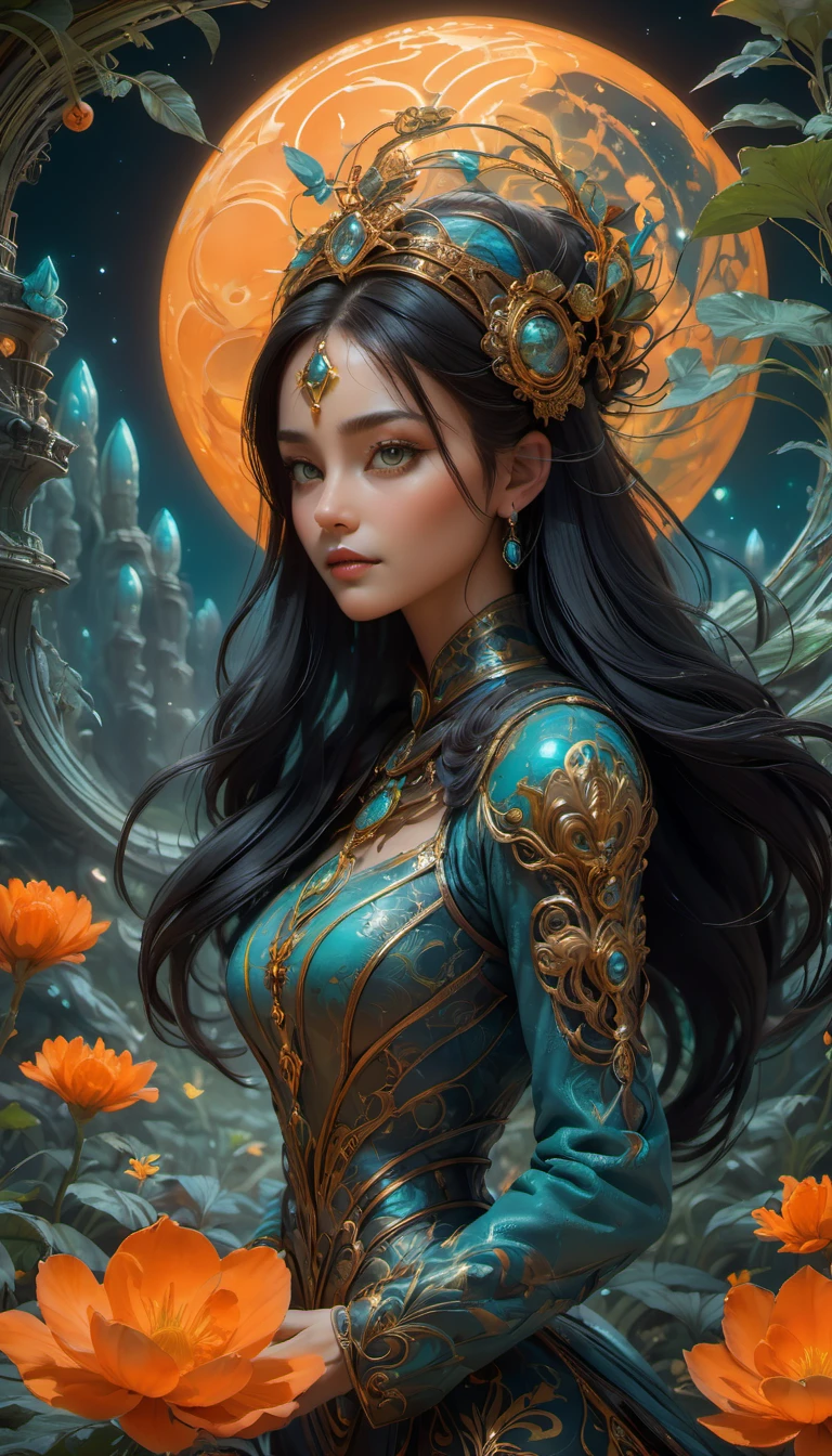 Images of a fascinated witch encountering alien life forms, Illumination of bioluminescent plants, The content is very detailed, Surreal, 10k high resolution, orange style, graffiti art, Glaslorne, Influenced by Art Nouveau, given, and future, The Art of Lunar Encryption Wow,
