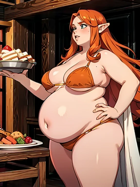 High elf maiden, freckles, long curly ginger hair, elvish bikini, voluptuous, chubby, bbw, morbidly obese, protruding belly, surrounded by food, high quality lighting, high contrast, HD