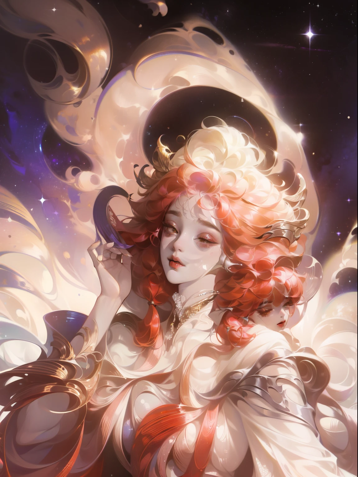 (masterpiece, top quality, best quality, official art, Beauty and Aesthetics: 1.2), (1 girl), Extreme details, (fractal art: 1.3), rich and colorful, Extreme details, perfect face, Upper body, high dynamic range, prayer, (white cloak golden lines: 1.2), starry sky, meteor, light stripes, Surrealism.