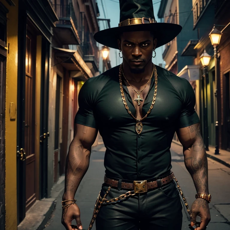 Man in his 30s, dark-skinned voodoo witch, Steampunk clothing, open black and green shirt, muscular build, black pants with chains, spider tattoos, gold spider-shaped necklace, looking straight at the viewer, background of New Orleans at night