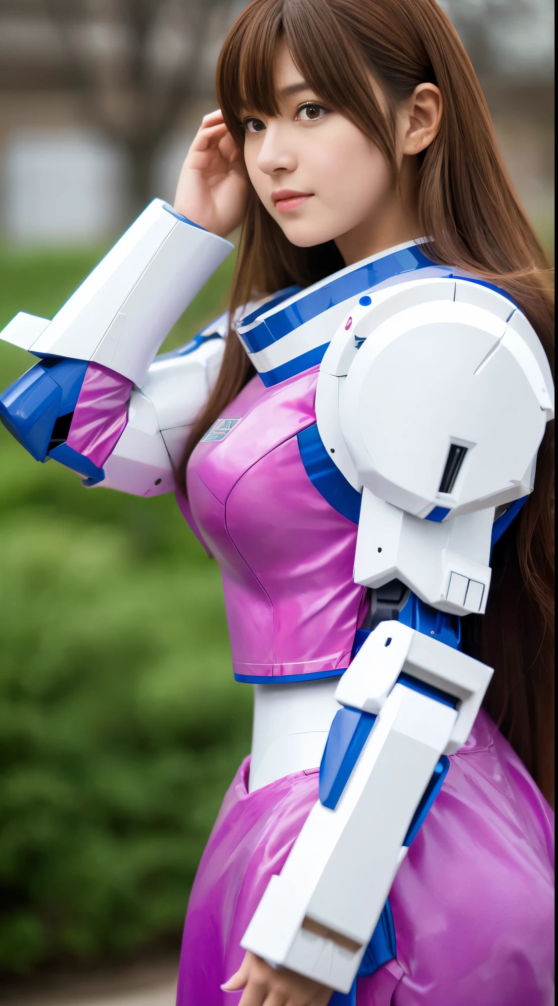 RAW, Masterpiece, Ultra Fine Photo,, Best Quality, Ultra High Resolution, Photorealistic, Sunlight, Full Body Portrait, Stunningly Beautiful,, Dynamic Poses, Delicate Face, Vibrant Eyes, (Side View) a close up of a woman in a pink and white gundam custume, dybamic pose, long brown very very long hair rapunzel, girl in mecha cyber armor, portrait armored astronaut girl, d. va from overwatch, female mecha, on a gundam, gundam head, chiho aoshima color scheme, mobile suit, streamlined purple armor, fully robotic!! girl, realistic cosplay, gundam armor (dynamic pose) (best cameraview), full body