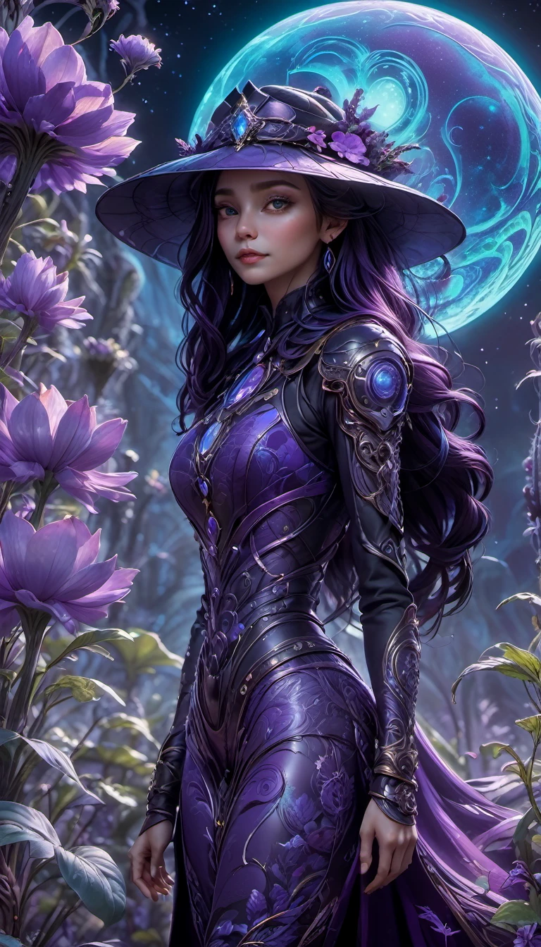 Images of a fascinated witch encountering alien life forms, Illumination of bioluminescent plants, The content is very detailed, Surreal, 10k high resolution, Black purple style, graffiti art, Glaslorne, Influenced by Art Nouveau, given, and future, The Art of Lunar Encryption Wow,