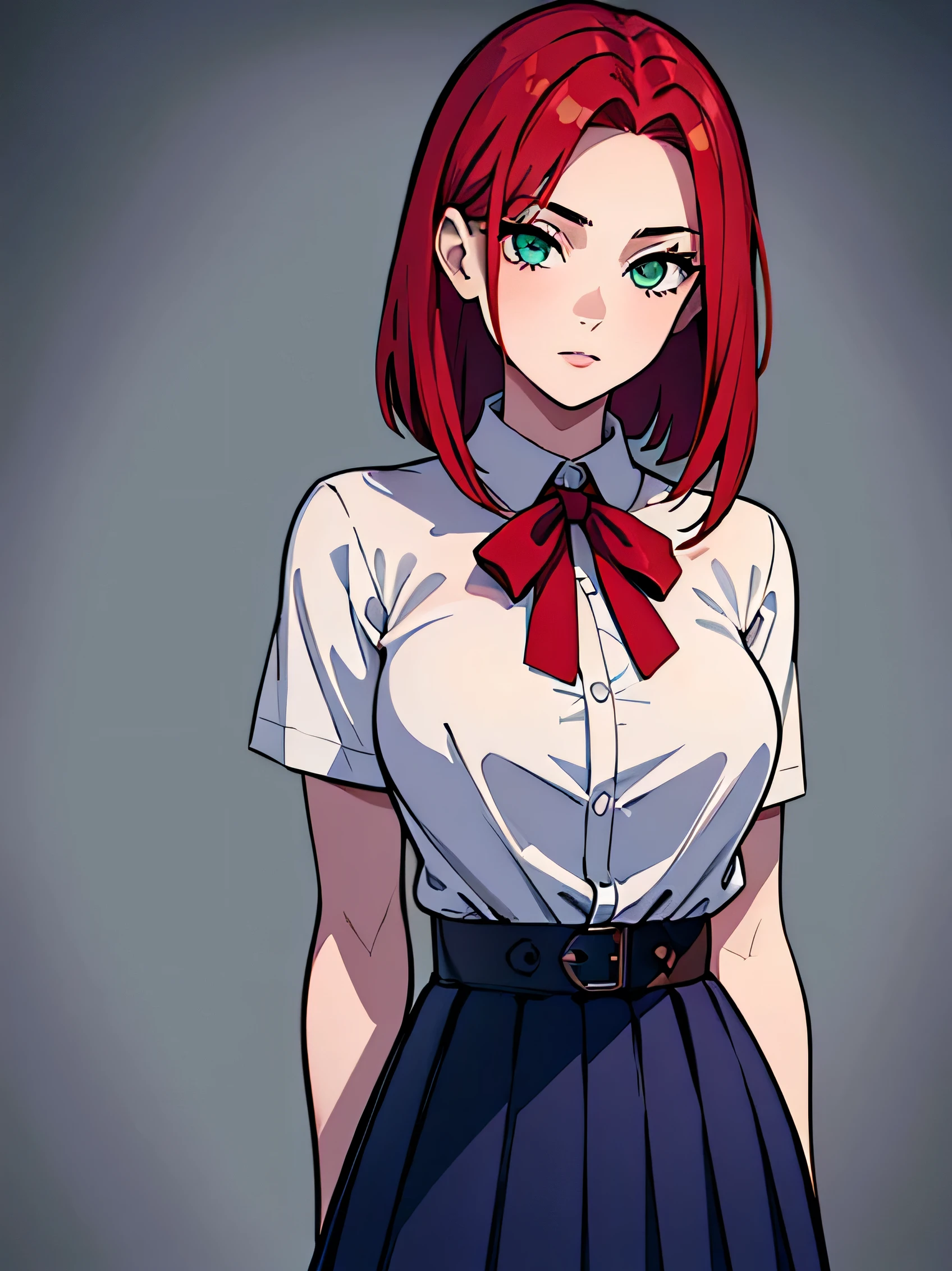 Masterpiece, Best quality, high resolution: 1.2) (super detailed: 1.3) 1 girl, red hair Cherry style Bob style (Highlight bleed) (Highlight red hair, smooth hair and smooth hair) light green eyes (detailed eyes, pretty and with long eyelashes) Pale skin (glossy skin) (Beautiful face) Soft smile, elegant blue shirt, baby pleated skirt (short skirt with silver details) Big , thighs, curvature of the body, simple background, with hands on waist, soft lighting.