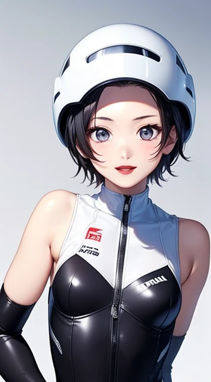 1 girl,whole body,white racing suit、white glove、white boots,(highest quality:1.4),(shiny skin),red lips,((short hair、all back、exposed forehead、black hair), looking at the viewer,small breastss,,thin、small breasts.Front facing、I have a white full face helmet、racing bike