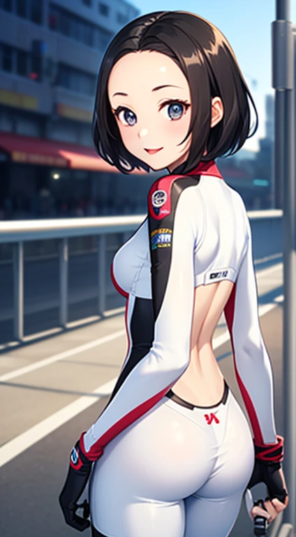 1 girl,whole body,white racing suit、white glove、white boots,(highest quality:1.4),(shiny skin),red lips,((short hair、all back、exposed forehead、black hair), looking at the viewer,small breastss,,thin、small breasts.Front facing、I have a white full face helmet、racing bike
