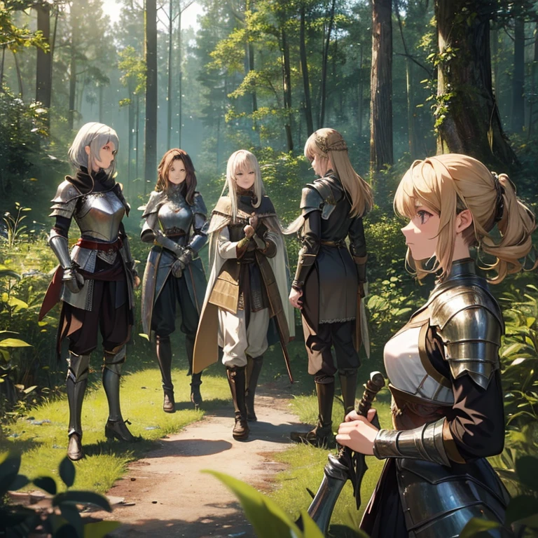 A group of female knights, (in forest), various hair styles, metal armor, harem, trousers