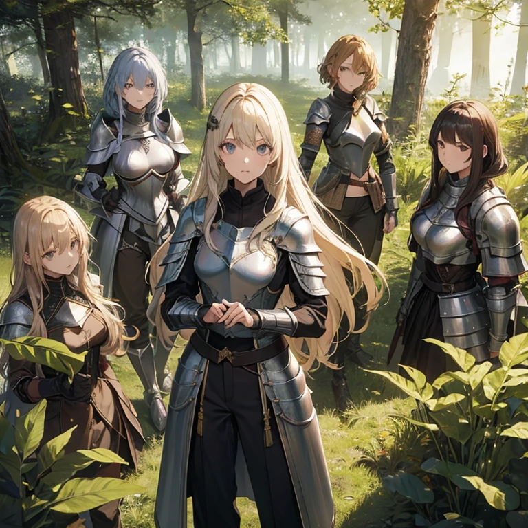 A group of female knights, (in forest), various hair styles, metal armor, harem, trousers