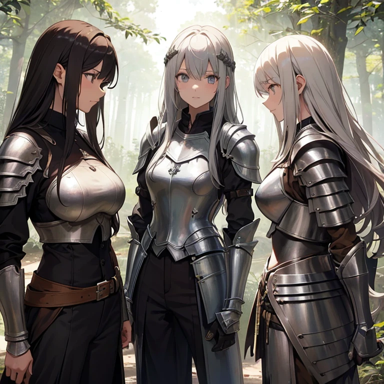 A group of  female knights, (in forest), various hair styles, metal armor, harem, trousers 