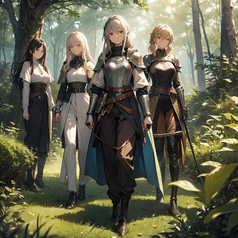 A group of  female knights, (in forest), various hair styles, metal armor, harem, trousers 